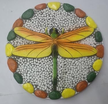 Decorative Garden Stepping Stone Dragonfly - Round Outdoor Pathway Stone with Yellow and Green Design, White Pebble Background 10x10 Inches