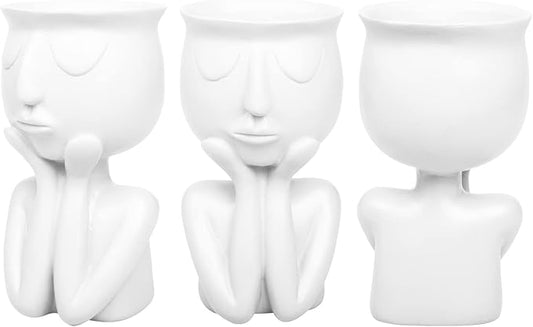 Simple and Creative Decorative Flower Pots, Resin Face Planter Pots, Vase for Small Succulent, Flower Pot Pencil Pen Holder, Minimalist Decorative, Modern Vases for Home Office Shelf Decor (White)