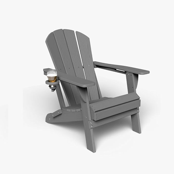 Folding Adirondack Chair with Cup Holders, HDPE Plastic Outdoor Chairs, Weather Resistant, Real Wood Look for Patio, Deck, Fire Pit, Backyard, Gray