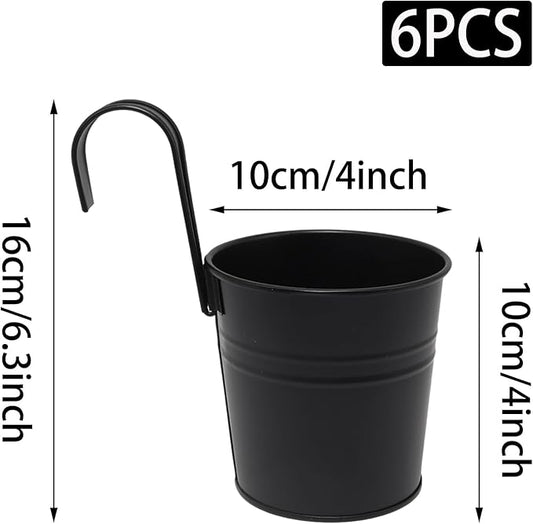 6 Pcs Hanging Flower Pots with Detachable Hooks,Metal Iron Bucket Planter for Railing,Fence,Balcony Garden Decor,4INCH,Black