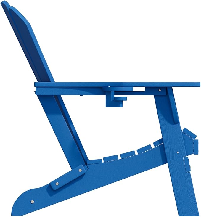 Folding Adirondack Chairs with Cup Holders, Set of 6 HDPE Plastic Outdoor Chairs, Weather Resistant, Real Wood Look, Heavy-Duty Patio Furniture for Deck, Fire Pit, Backyard, Blue