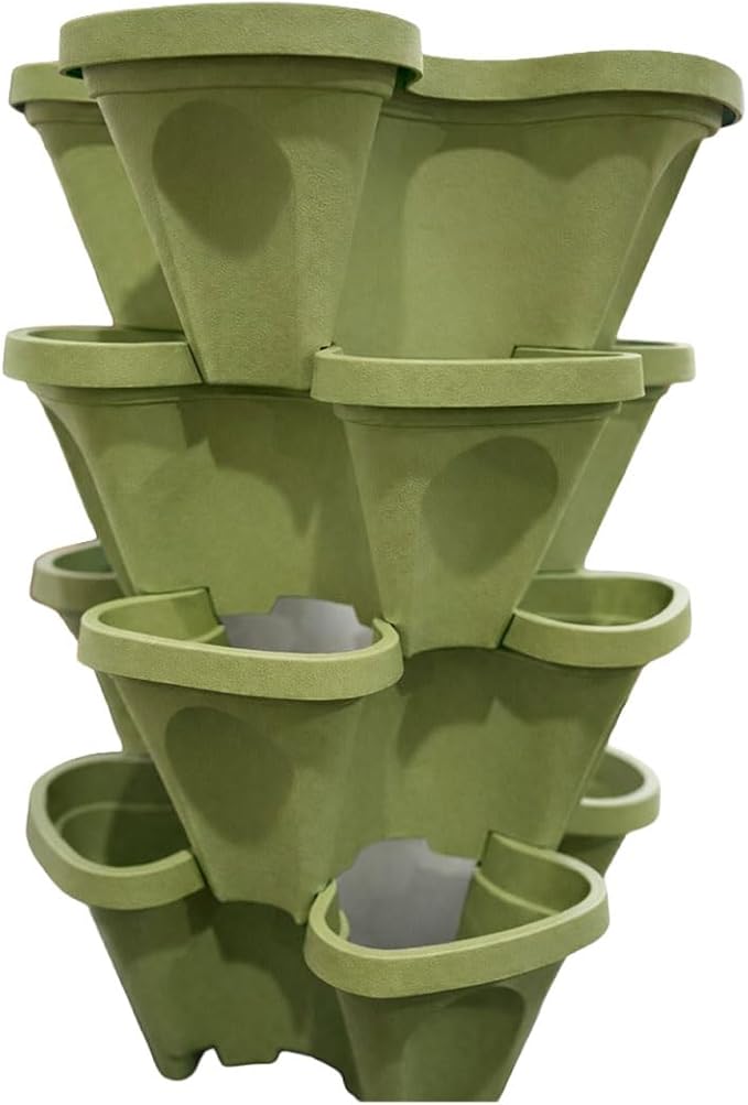 Vertical Garden Planter 4 Tier Stackable System 16 Plants, Space Saving Herb, Strawberry & Food Crop Planter with Center Support Hole for Indoor Outdoor Gardening (8, Sagebrush Green, Small)