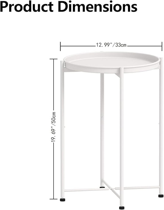 Garden 4 you Small Side Table, White Mini Round End Table, Tray Table with Metal Frame, Modern Nightstand for Living Room, Bedroom, Patio, Small Space, 1PCS