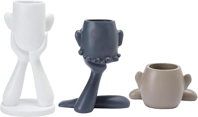 GUTE Human Face Shaped Succulent & Flower Planter Pots - Set of 3- Figurines for Garden - Indoor Outdoor Decorative Garden Figurines, Drainage Holes for Plants Artistic - White, Khaki, Grey