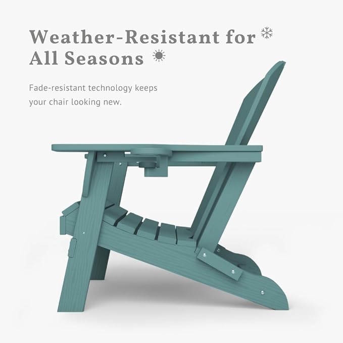 Folding Adirondack Chair with Cup Holders, HDPE Plastic Outdoor Chairs, Weather Resistant, Real Wood Look for Patio, Deck, Fire Pit, Backyard, Aruba Blue