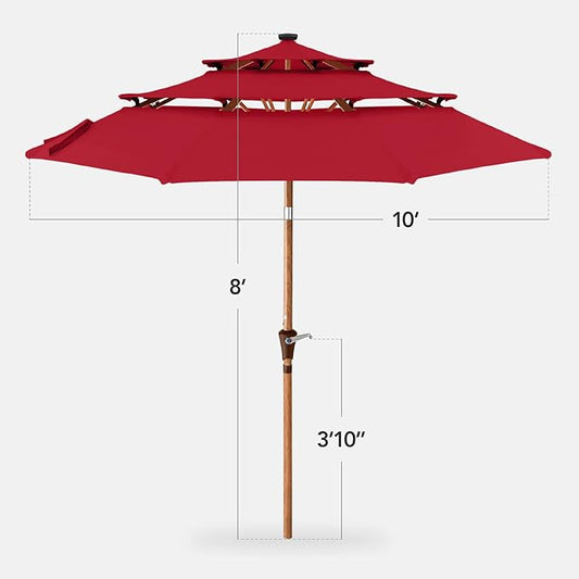 Best Choice Products 10ft 3-Tier Solar Patio Market Umbrella, Outdoor Sun Shade for Backyard, Deck, Poolside, Table w/Woodgrain Pattern, LED Lights, Tilt Adjustment - Red