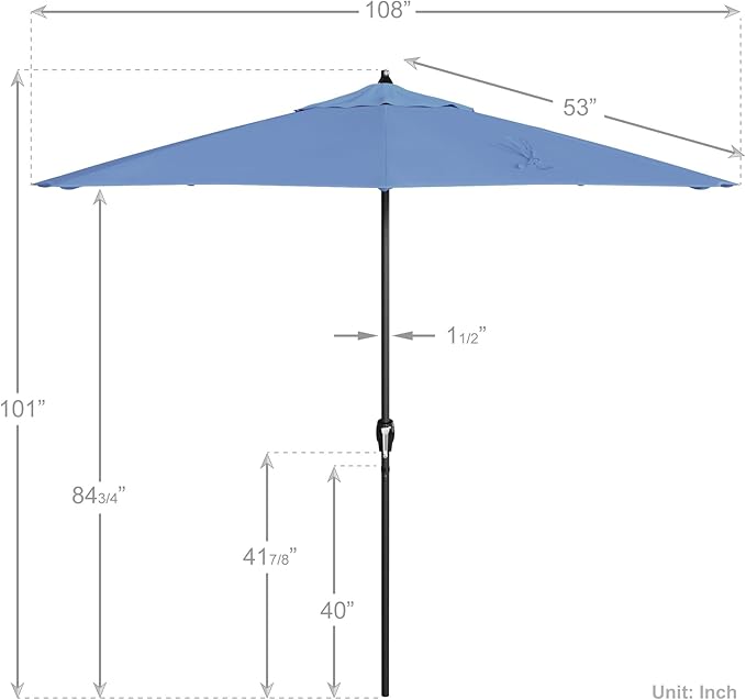 California Umbrella 9' Rd Aluminum Patio Umbrella, Crank Lift, Auto Tilt, Black Finish, 4yr Fade Warranty, Frost Blue