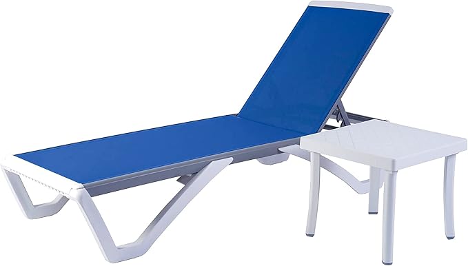 Kozyard Outdoor Chaise Lounge Chair Set, Fully Flat Adjustable Patio Lounger with Aluminum Frame & Resin Legs, Textilene Fabric for Poolside, Backyard & Beach (Blue, Chair + Table)