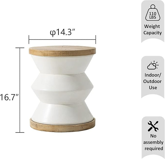 HOMPUS Unique Outdoor Concrete Side Table w Wood Grain Tabletop, Modern Vintage MgO Patio End Table, Lightweight Functional Small Accent Table for Indoor Outdoor Use, Garden, Deck, Poolside