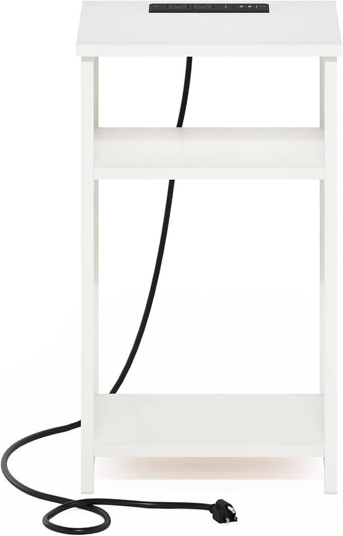 Furinno Moretti Side Table, 3-Tier Modern End Table with Charging Station, Metal Frame Night Stand, Bedside Table with USB and Type-C Port, for Living Room, Bedroom, White