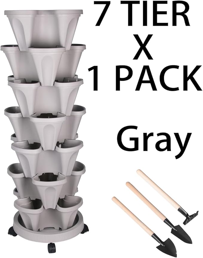 GameXcel Vertical Planter Tower- 7 Tier Stackable Garden Planter with Wheels and Tool Set – Grow Strawberries Herbs Flowers and Vegetables - Indoor Outdoor Use Gray