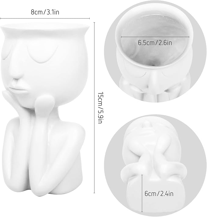 Simple and Creative Decorative Flower Pots, Resin Face Planter Pots, Vase for Small Succulent, Flower Pot Pencil Pen Holder, Minimalist Decorative, Modern Vases for Home Office Shelf Decor (White)