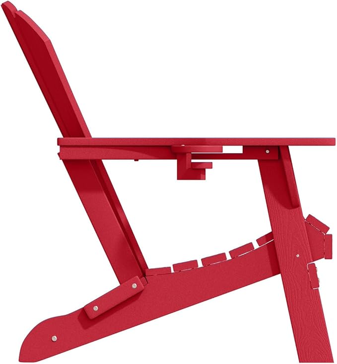 Folding Adirondack Chair with Cup Holders Set of 2, HDPE Plastic Outdoor Chairs, Weather Resistant, Real Wood Look for Patio, Deck, Fire Pit, Backyard, Red