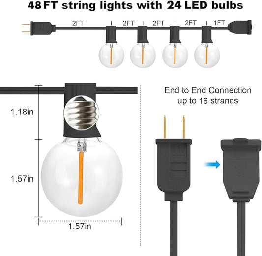 SUNTHIN Outdoor String Lights, 96FT(48ft * 2 Pack) Patio Lights with G40 Shatterproof LED Bulbs, Waterproof Outdoor Lights for Yard, Porch, Pergola, Pool, Garden, Pool, Party