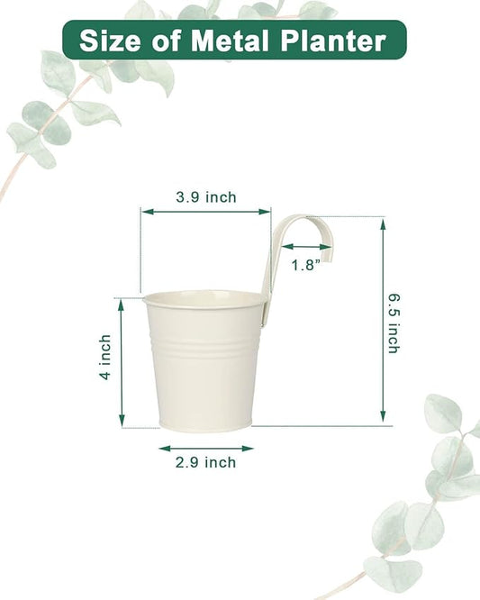 12 Pack Railing Planter for Outdoor Plants - 4 Inch Small Balcony Hanging Flower Pots with Detachable Hooks and Drain Holes Metal Oval Bucket Rail Box Fence Planters for Home Garden Decor, Cream White