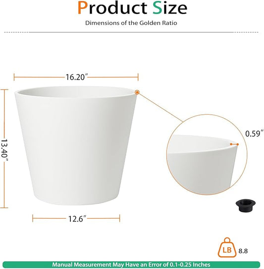 Wide Planters for Outdoor Plants, Extra Large Indoor Flower Pots for Garden, Front Porch, Patio - Round Resin Planter Set of 2 (White, 16 inch - 2 Pack)