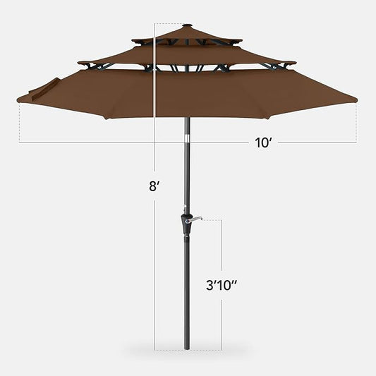 Best Choice Products 10ft 3-Tier Market Patio Umbrella, Outdoor Sun Shade with Tilt, Crank Lift, 8 Ribs for Backyard, Deck, Poolside – Brown