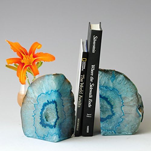JIC Gem Teal Agate Bookends Heavy Duty Book Ends for Shelves Geode Book Ends with Rubber Bumpers for Office Décor and Home Decoration(1 Pair, 2-3 LBS)