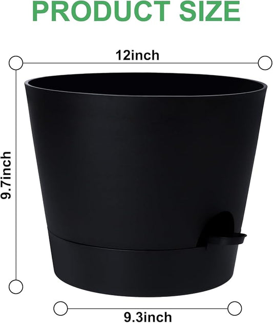 YNNICO 12 Inches Indoor Self Watering Planters with Drainage Holes and Saucers, 4 Pack (Black)