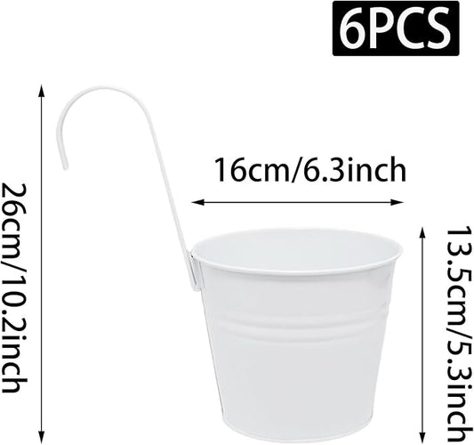 6 Pcs Hanging Flower Pots with Detachable Hooks,Metal Iron Bucket Planter for Railing,Fence,Balcony Garden Decor,6INCH,White