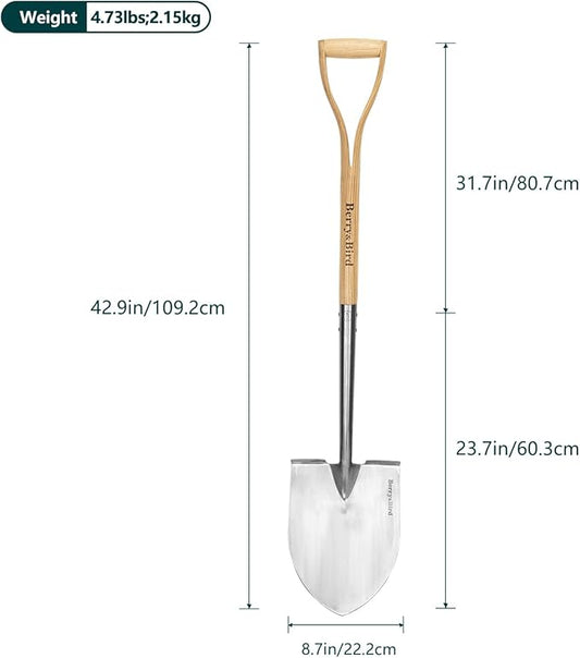 Berry&Bird Shovels for Digging, 43’’ Round Spade Heavy Duty Shovel with Wooden D Handle Stainless Steel Snow Shovel Garden Shovel Yard for Transplanting & Outdoor