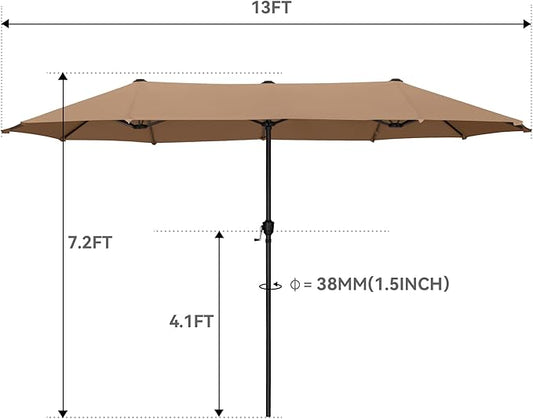 GREEN PARTY 13ft Rectangle Patio Umbrella, Double Sided Outdoor Table Umbrella with Crank & 1.5" Pole, Large Market Umbrella for Poolside Garden Deck Backyard, Tawny