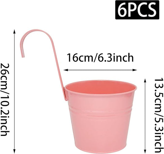 6 Pcs Hanging Flower Pots with Detachable Hooks,Metal Iron Bucket Planter for Railing,Fence,Balcony Garden Decor,6INCH,Pink