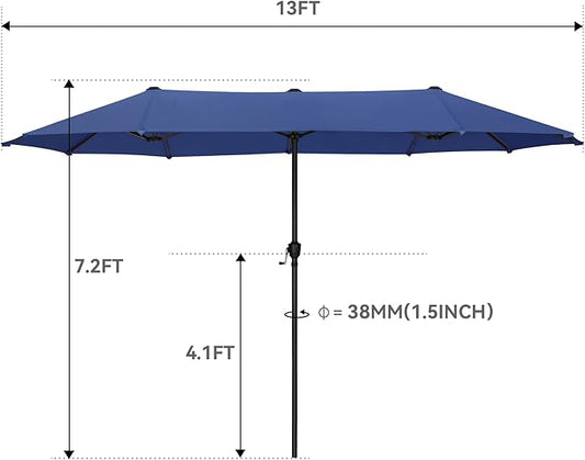 GREEN PARTY 13ft Rectangle Patio Umbrella, Double Sided Outdoor Table Umbrella with Crank & 1.5" Pole, Large Market Umbrella for Poolside Garden Deck Backyard, Haze Blue