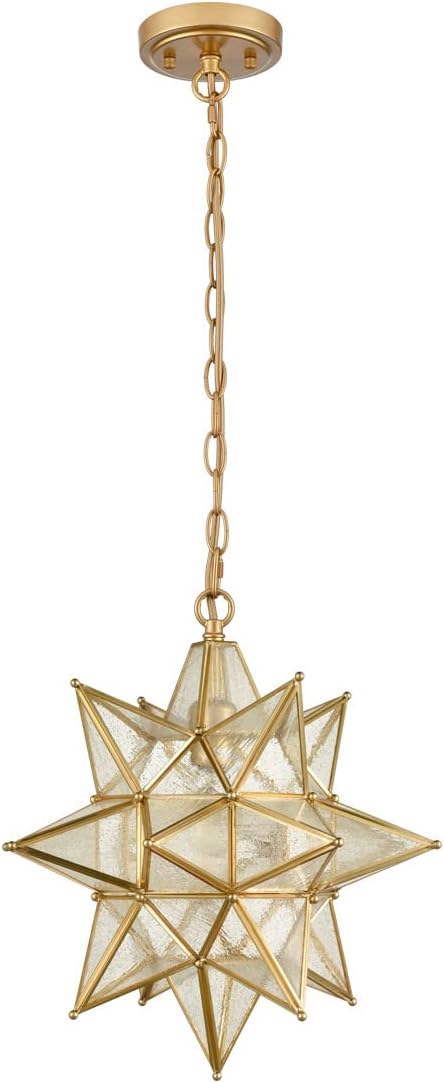 DIRYZON Modern Gold Moravian Star Pendant Light for Kitchen Island 16-Inch Hanging Ceiling Light Seeded Glass Single Pendant Light with Chain