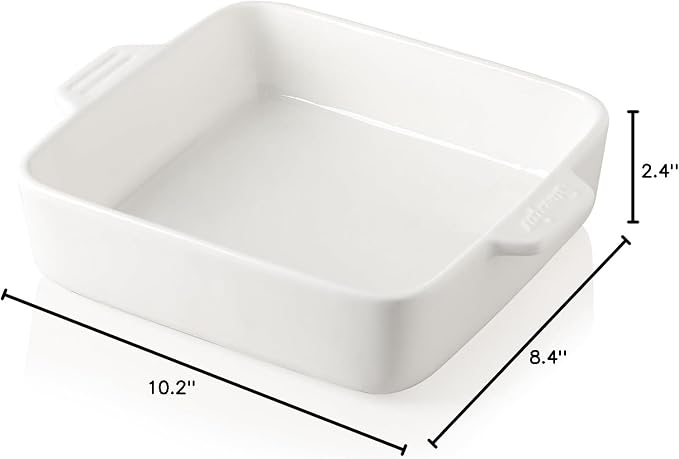 Sweejar Ceramic Baking Dish, 8 x 8 Cake Baking Pan for Brownie, Porcelain Square Bakeware with Double Handle for Casserole, Lasagna, Family Dinner (White)