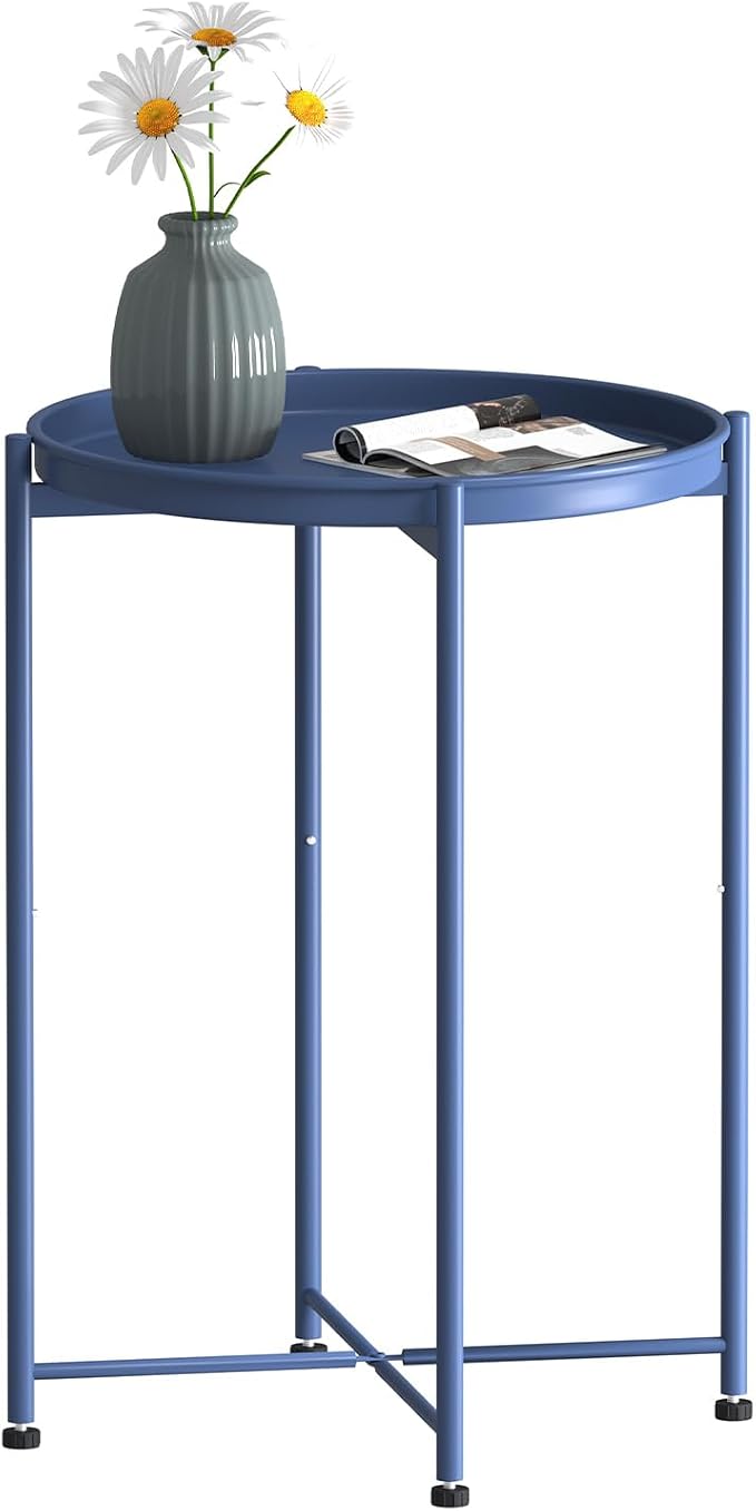 Garden 4 you Small Side Table, Blue Mini Round End Table, Tray Table with Metal Frame, Modern Nightstand for Living Room, Bedroom, Patio, Small Space, 1pcs