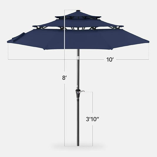 Best Choice Products 10ft 3-Tier Market Patio Umbrella, Outdoor Sun Shade with Tilt, Crank Lift, 8 Ribs for Backyard, Deck, Poolside – Navy Blue