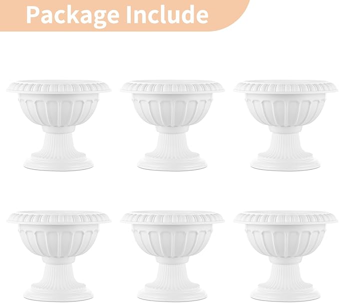 NUPTIO 6 Pcs Classic Urn Planter, 10.23 inch Tall Large Plastic Outdoor Urns Planters, Pedestal Flower vases Plant Pot, Resin Grecian Plants Pots for Garden Porch Front Door, White