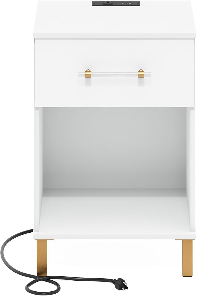 Furinno TIDUR Side Table, Modern Drawer End Table with Charging Station, Night Stand, Bedside Table with USB and Type-C Port, for Living Room, Bedroom, White