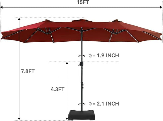 GREEN PARTY 15 ft Rectangle Patio Umbrella with Solar Lights and Base Included, Double-Sided Market Table Umbrella with Crank, Large Outdoor Umbrellas for Patio Poolside Garden Backyard, Burgundy Red