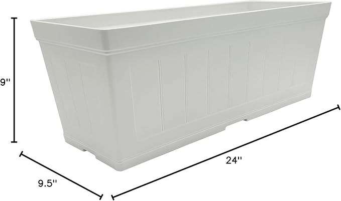 Classic Home and Garden Plastic Falmouth Window Box Planter with Drainage Holes, Starlight White Beadboard, 24in