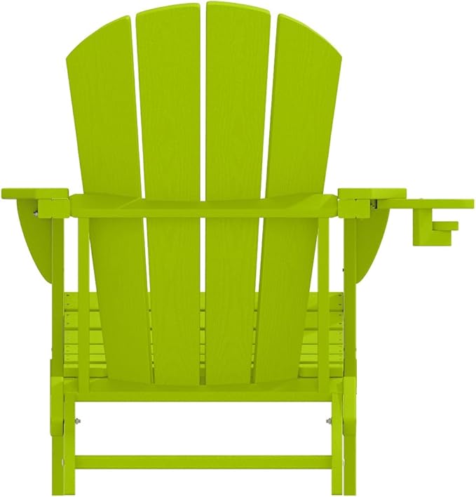 Folding Adirondack Chairs with Cup Holders, Set of 4 HDPE Plastic Outdoor Chairs, Weather Resistant, Real Wood Look, Heavy-Duty Patio Furniture for Deck, Fire Pit, Backyard, Apple Green