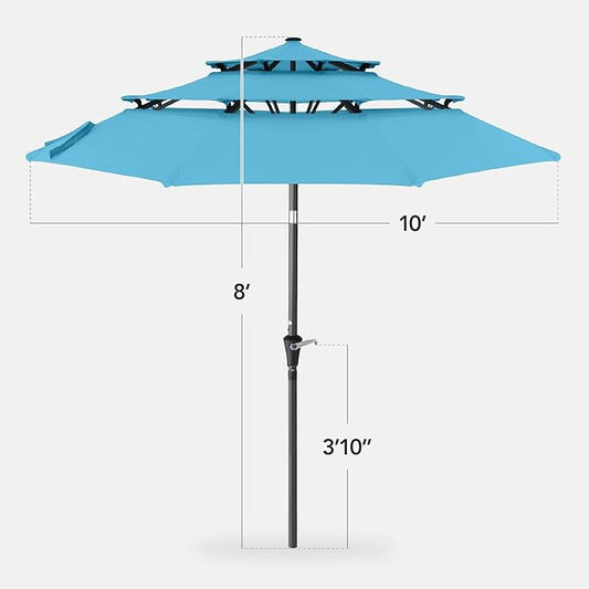 Best Choice Products 10ft 3-Tier Market Patio Umbrella, Outdoor Sun Shade with Tilt, Crank Lift, 8 Ribs for Backyard, Deck, Poolside – Sky Blue