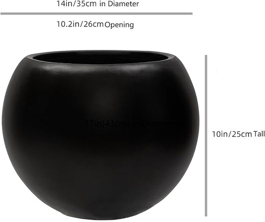 10 H x 14" Dia (10" Pot Opening) Round Fiberstone Planter with Drainage Hole, Black, Indoor/Outdoor Large Plant Pot for Home Patio Garden, Ideal for Large Plants