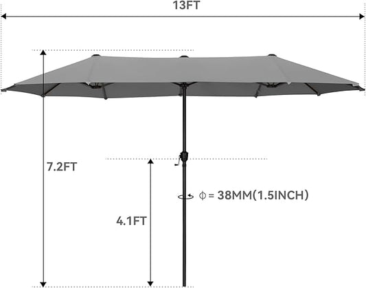 GREEN PARTY 13ft Rectangle Patio Umbrella, Double Sided Outdoor Table Umbrella with Crank & 1.5" Pole, Large Market Umbrella for Poolside Garden Deck Backyard, Smoky Gray