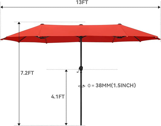 GREEN PARTY 13ft Rectangle Patio Umbrella, Double Sided Outdoor Table Umbrella with Crank & 1.5" Pole, Large Market Umbrella for Poolside Garden Deck Backyard, Orange Red