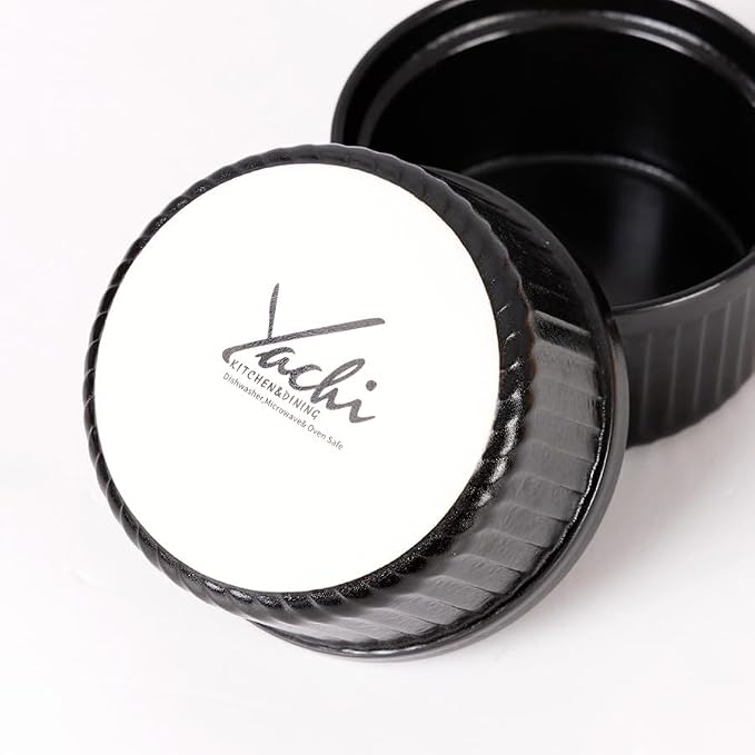 Yachi Black Souffle Ramekins: 8oz 6 Pieces Ceramic Baking Ramekin Set Oven Safe Stoneware Bakeware Serving for Sauces Dipping | Onion Soup | Lava Cake | Flan | Creme Brulee | Pudding | Mini Custard
