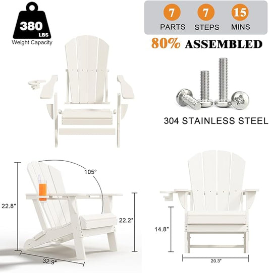 Folding Adirondack Chairs with Cup Holders, Set of 4 HDPE Plastic Outdoor Chairs, Weather Resistant, Real Wood Look, Heavy-Duty Patio Furniture for Deck, Fire Pit, Backyard, White