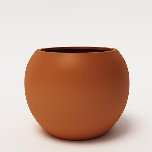 DTY Signature Mount Sherman Modern Indoor Outdoor Fiberstone Sphere Planter, Durable Round Garden Pot, Weather Resistant, Drainage Hole & Rubber Plug, Planter for Christmas Tree - Small, Terracotta