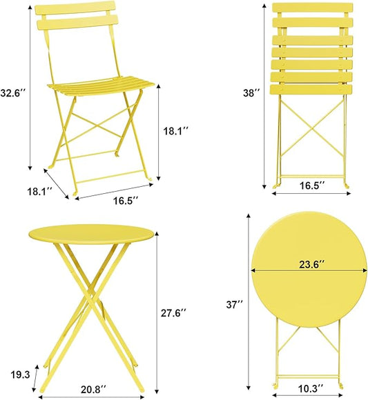 3-Piece Folding Bistro Set, Outdoor Patio Furniture Set with 2 Chairs & 1 Table, Space-Saving Foldable Balcony Garden Set with Heavy-Duty Powder-Coated Steel Frame, No Assembly Required, Yellow