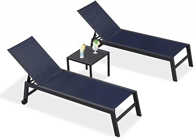 PURPLE LEAF Patio Chaise Lounge Set 2 Pieces Textilene Pool Lounge Chairs with Wheels Sunbathing Chair for Outdoor Yard (2 Navy Blue Lounges W/Side Table)