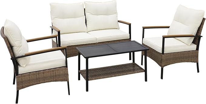 EAGLE PEAK 4 Piece Mojave Dusk Outdoor Conversation Set, Patio Wicker Furniture, Loveseat, 2 Patio Chairs and Coffee Table, Brown/Beige