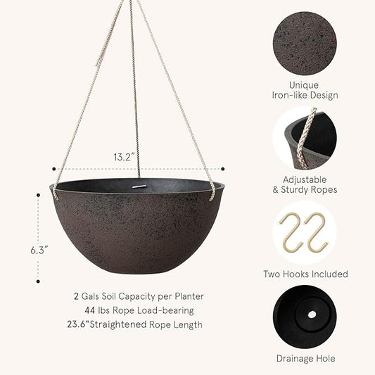 LA JOLIE MUSE Large Hanging Planters - 13 Inch Flower Pots Outdoor Indoor, Hanging Garden Planters Set of 2, New Iron Color