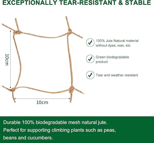 Jute Trellis Netting - Jute Netting for Garden, Heavy Duty Plant Support Netting for Climbing Plants, Cucumber, Vine, Fruits & Vegetables, Climbing Vining Plants (6.6 Ft x 16.4 Ft, 3.9 Inch Squares)