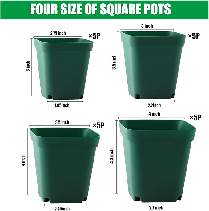 Square Nursery Pots Clearance (2.7", 3", 3.5", 4") with Drainage Holes 20 Pcs, Plastic Seed Starting Pots, Sturdy and Durable Seedling Pots for Planting, Cuttings and Transplanting, Green
